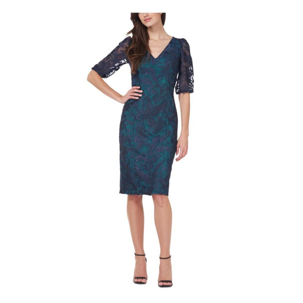JS COLLECTION Womens Green Lined Elbow Sleeve Knee Length Sheath Dress 2